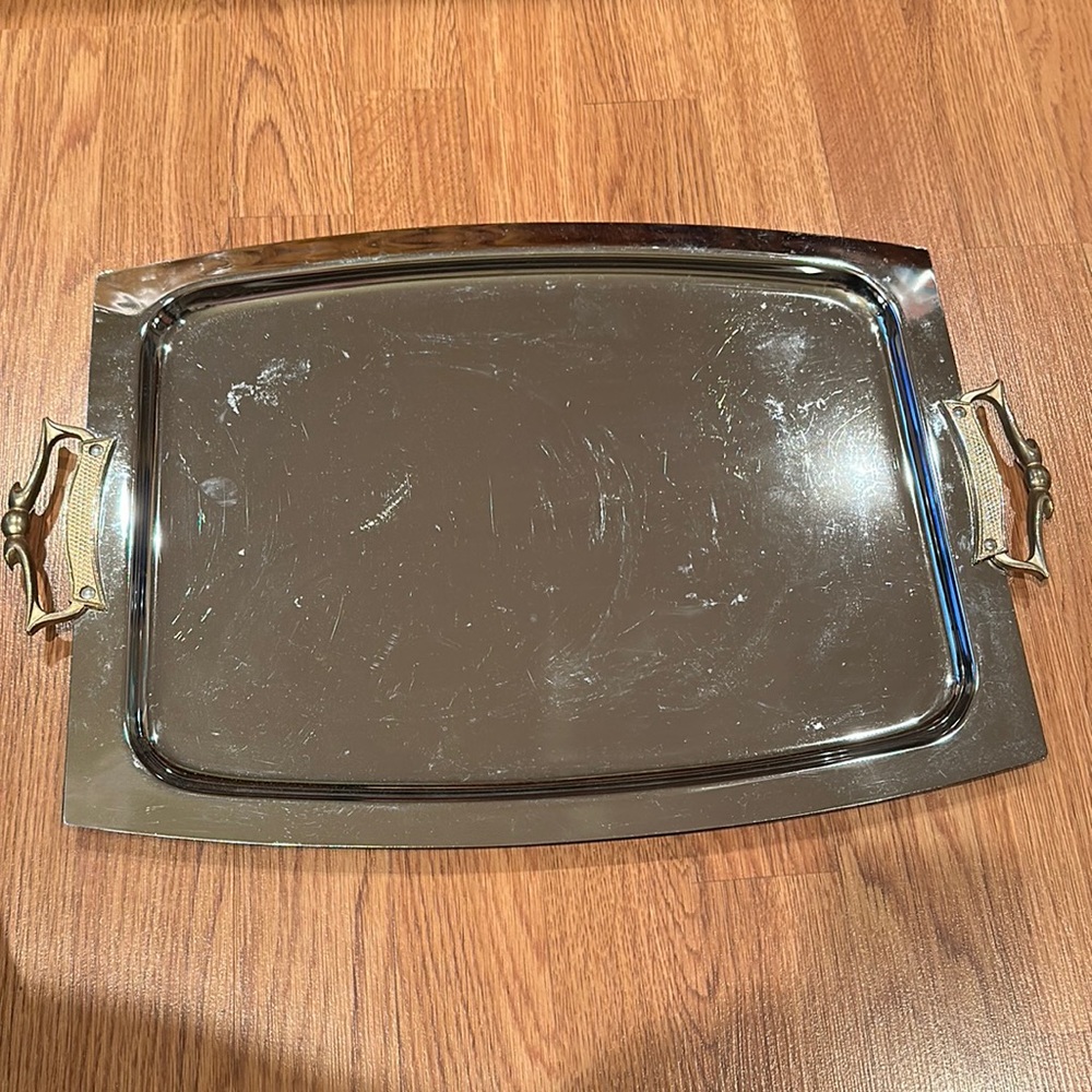Kromex Chrome Rectangle Tray Brass Handles - Made in the USA